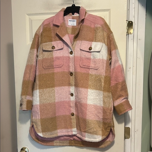 Old Navy Jackets & Blazers - Old Navy Pink Tan and White Plaid Soft Brushed Utility Shacket Size Large